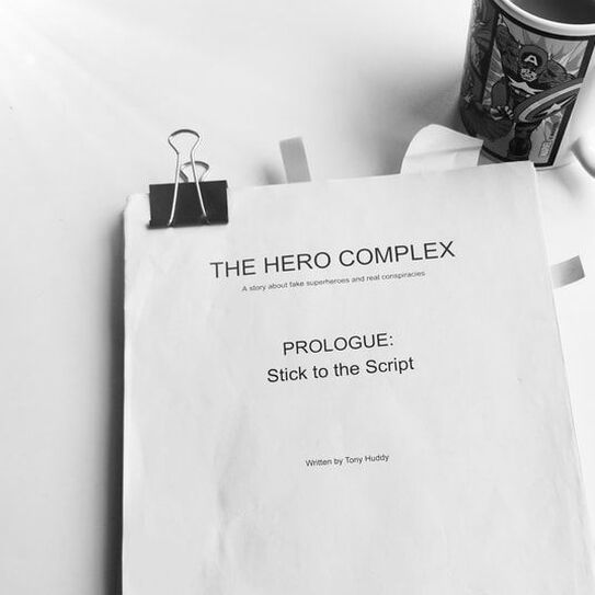 A photo of the draft script for the upcoming graphic novel The Hero Complex